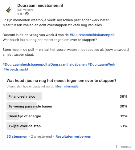 Uitslag van de Duurzaamheidsbanenpoll week 4 over drempels bij overstappen naar duurzaam werk