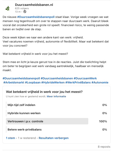 LinkedIn-poll Duurzaamheidsbanenpoll week 5 over wat vrijheid in werk voor kandidaten betekent