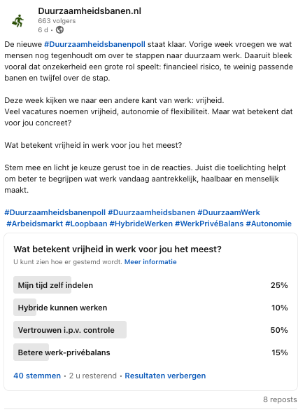 LinkedIn-poll Duurzaamheidsbanenpoll week 5 over vrijheid in werk, waarin vertrouwen in plaats van controle de meeste stemmen krijgt