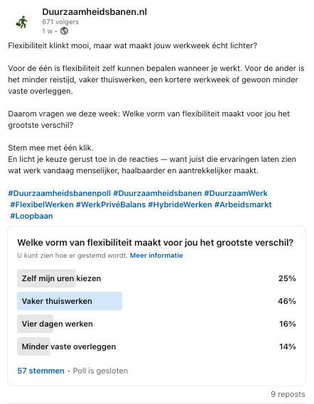 LinkedIn-poll Duurzaamheidsbanenpoll week 6 met uitslag over welke vorm van flexibiliteit het grootste verschil maakt