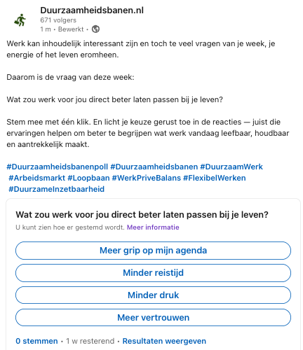 LinkedIn-poll Duurzaamheidsbanenpoll week 7 over wat werk direct beter laat passen bij je leven