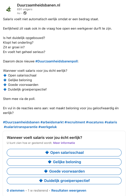 LinkedIn-poll Duurzaamheidsbanenpoll week 10 over eerlijk salaris