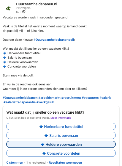 LinkedIn-poll Duurzaamheidsbanenpoll week 12 over wat kandidaten sneller laat klikken op een vacature
