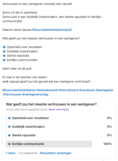 Week 15 Duurzaamheidsbanenpoll over vertrouwen in werkgevers