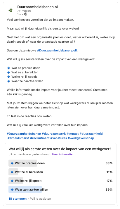 Week 20 Duurzaamheidsbanenpoll over de impact van een werkgever