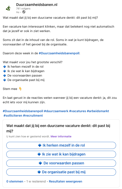 Week 21 Duurzaamheidsbanenpoll over wanneer een duurzame vacature echt passend voelt