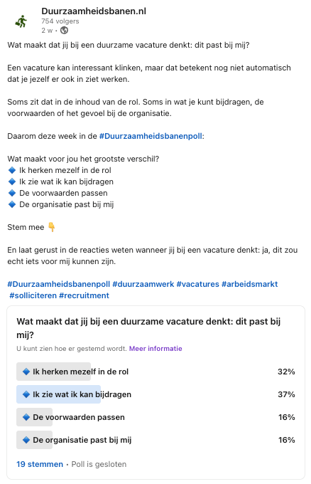 Week 21 Duurzaamheidsbanenpoll eindresultaat over wanneer een duurzame vacature passend voelt