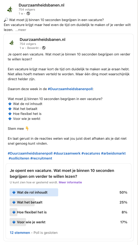 Week 22 Duurzaamheidsbanenpoll over wat binnen tien seconden duidelijk moet zijn in een vacature