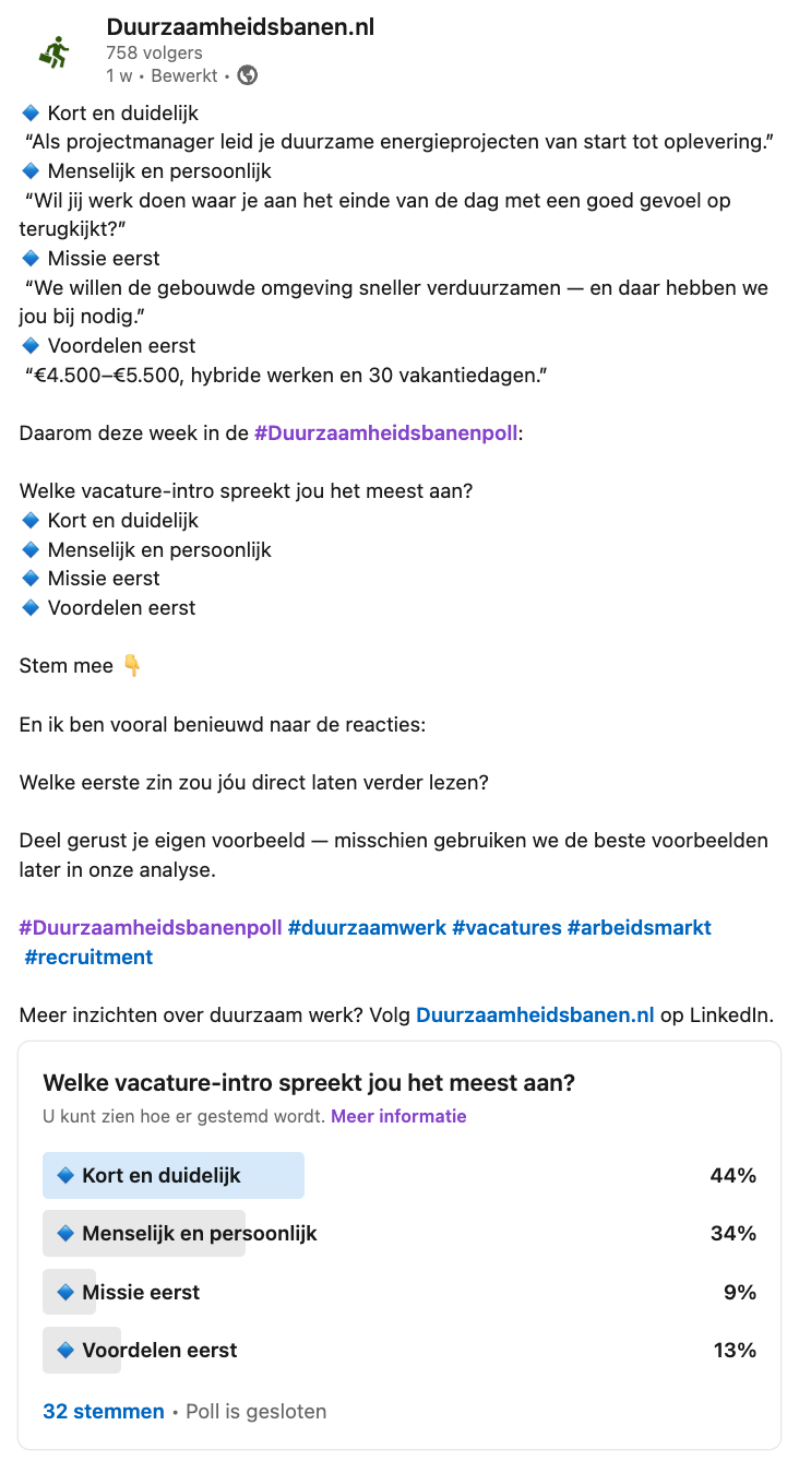 Uitslag Duurzaamheidsbanenpoll week 23 - Welke vacature-intro spreekt jou het meest aan?