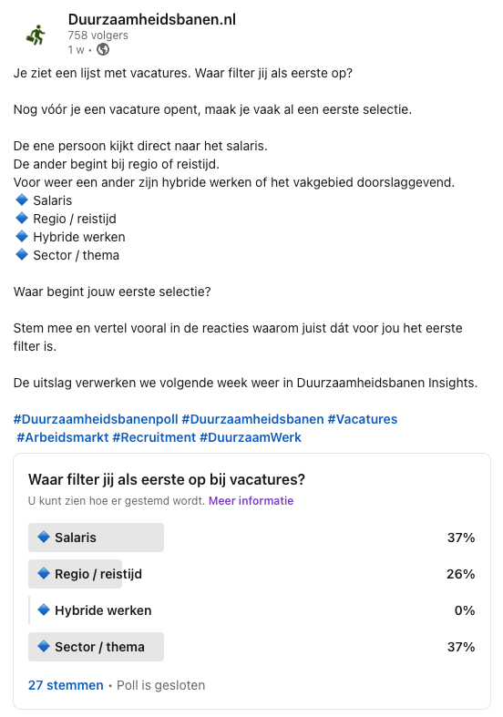 Uitslag Duurzaamheidsbanenpoll week 24: waar filter jij als eerste op bij vacatures?